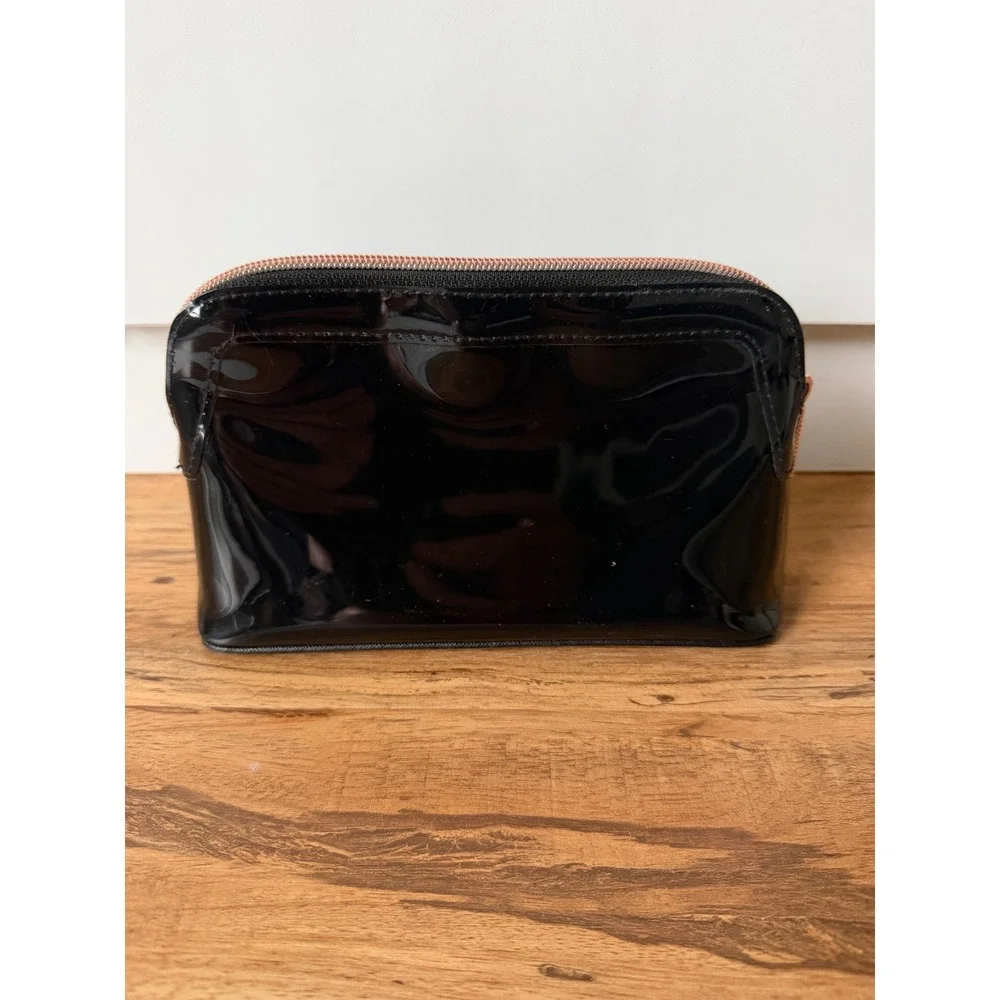 Ted Baker Aimee Black Patent Makeup Bag Cosmetic Pouch Rose Gold Curved Bow